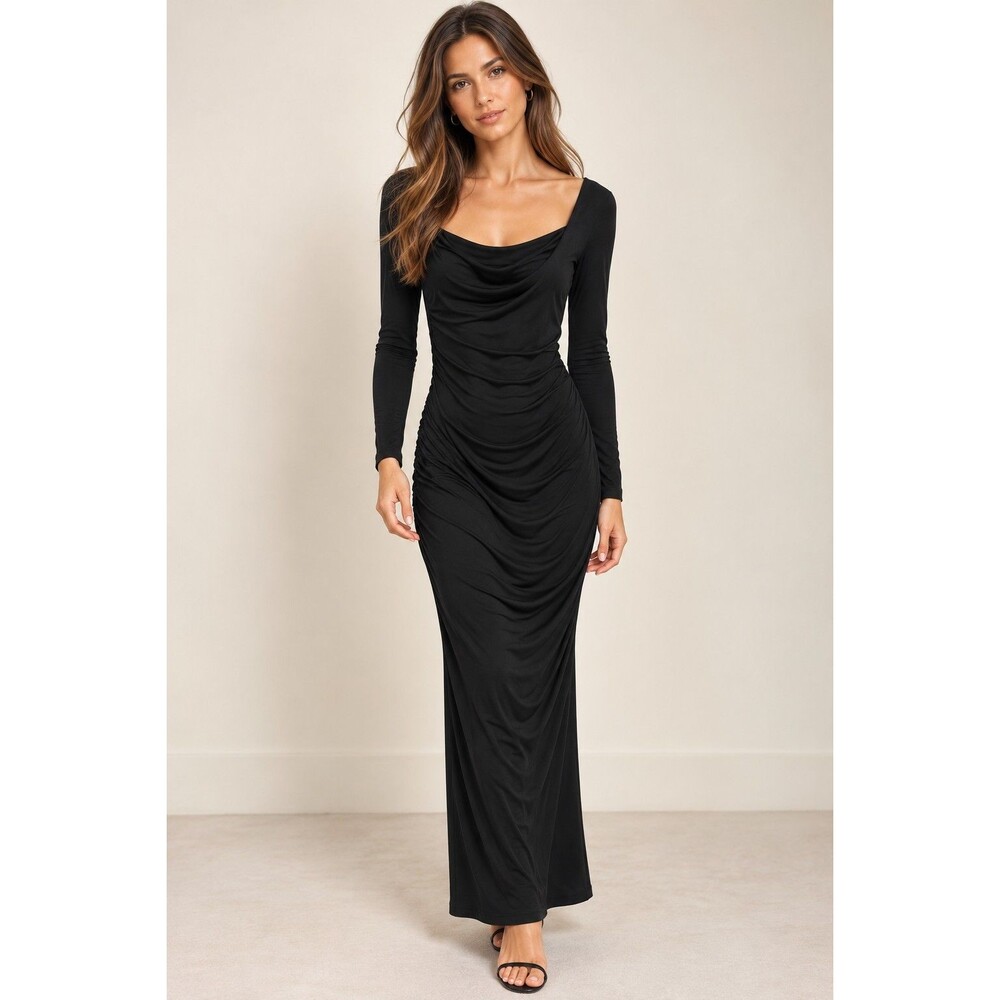 James Perse Women's Black Ruched Draped Long Sleeve Maxi Dress Size 1 Small USA